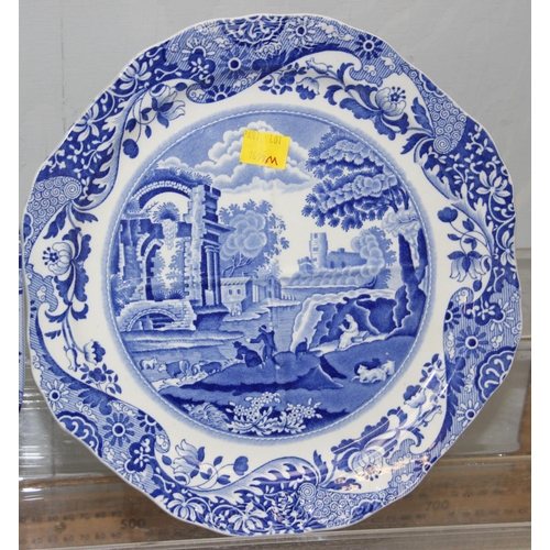 1699M - Spode blue & white Italian pattern small meat plate, 2 handed serving dish and a cake serving plate ... 