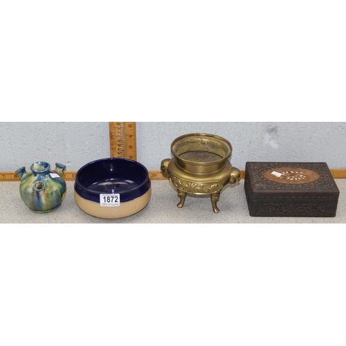 1872 - Chinese brass censor with seal mark, Royal Doulton stoneware bowl, unusual art pottery vase and a wo... 