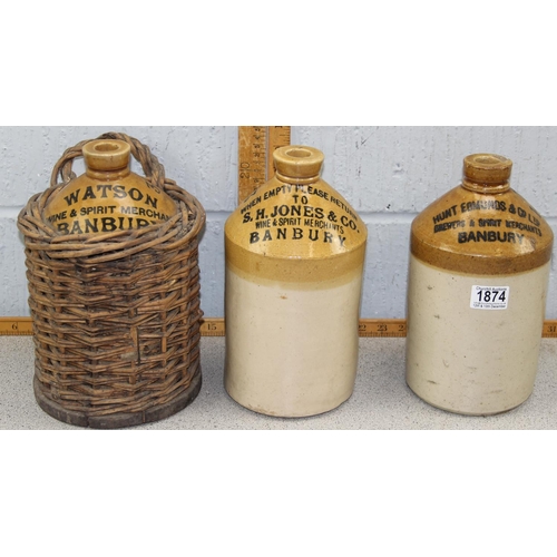 1874 - 3 vintage stoneware advertising flagons, all Banbury related, Hunt, Edmunds & Co, S.H. Jones, Watson... 