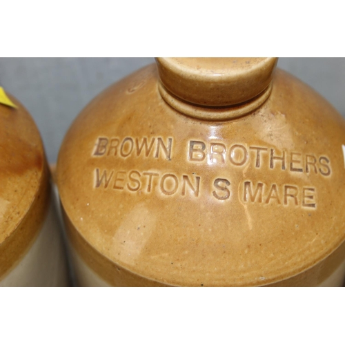 1875 - 7 assorted vintage stoneware advertising flagons, Witney, Brackley, Weston Super Mare, 2 Leamington ... 