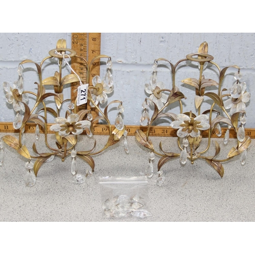 271 - A pair of vintage gilt metal and crystal chandeliers formed as flowers and foliage