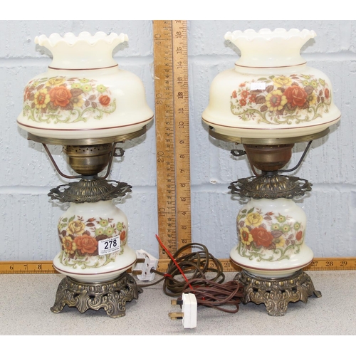 278 - A pair of vintage oil lamp style table lamps with milk glass shades