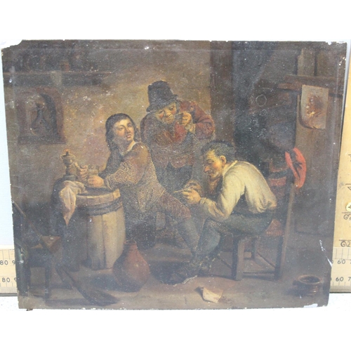 531 - Continental School (XIX), oil on tin painting of figures in a tavern, likely 19th century, unsigned