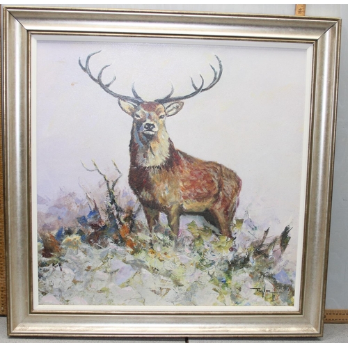 532 - A large textured picture of a stag, in silvered frame