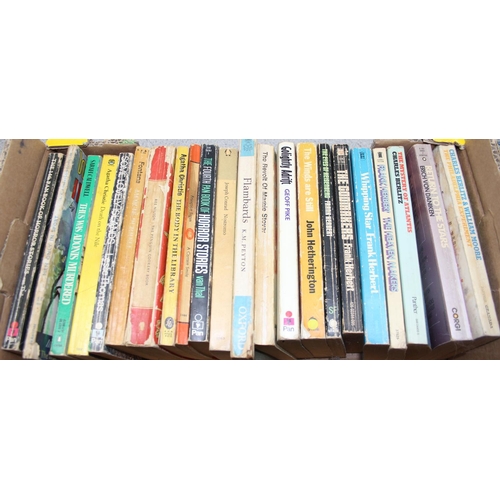 604 - 3 boxes of assorted vintage paperback books to inc Isaac Asimov, Michael Moorcock, Arthur C Clarke e... 