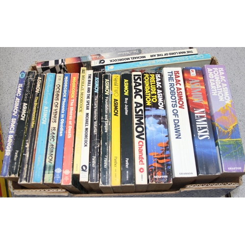 604 - 3 boxes of assorted vintage paperback books to inc Isaac Asimov, Michael Moorcock, Arthur C Clarke e... 