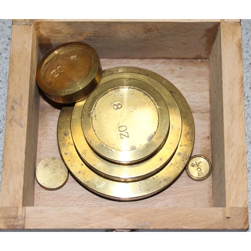 742 - Oakley vintage shop scales and a small brass balance scale set with stacking weights