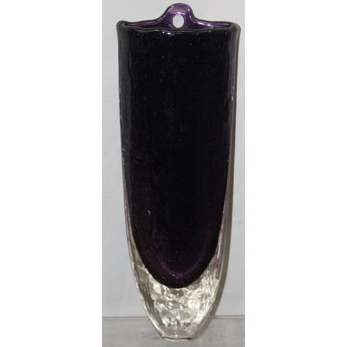 1699U - A retro purple art glass wall pocket, likely Scandinavian but unmarked, approx 29cm tall