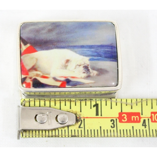 1093 - A 20th century silver pill box with inset enamel lid depicting a sleeping British bulldog, marked St... 