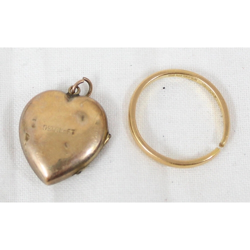 1103 - A broken 22ct gold wedding band ring, approx 2.89g gross and a 9ct gold front & back locket, approx ... 