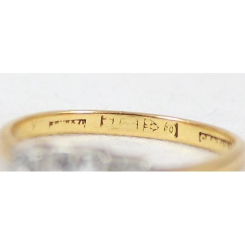 1170 - 18ct gold and 3 stone diamond ring. approx size S, marked for Chester but date letter rubbed, possib... 