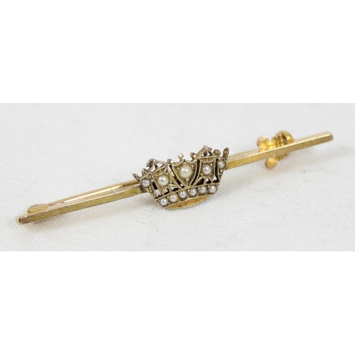 1176 - A 9ct gold bar brooch formed as a coronet set with seed pearls, marked for Birmingham 1899, approx 2... 