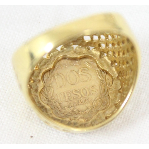 1198 - 9ct gold Dos Pesos signet ring, marked for London 1989, approx size M, approx 4.21g gross