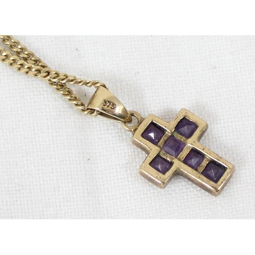 1199K - 9ct gold amethyst set crucifix pendant on 9ct gold chain, approx 40cm long, approx 3.82g gross