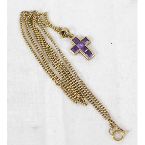 1199K - 9ct gold amethyst set crucifix pendant on 9ct gold chain, approx 40cm long, approx 3.82g gross