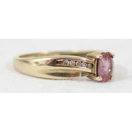 1199B - 9ct gold ring set with central pink stone and diamond shoulders, approx size O, approx 2.56g gross