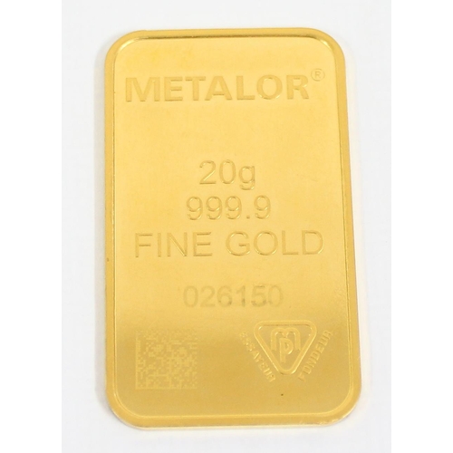 1216 - A Metalor of Switzerland 20g 999.9 solid pure 24ct gold ingot bar, serial number 026150