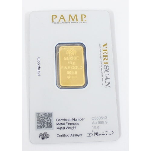 1217 - PAMP (Produits Artistiques Métaux Précieux) of Switzerland 10g 999.9 solid pure 24ct gold ingot bar,... 