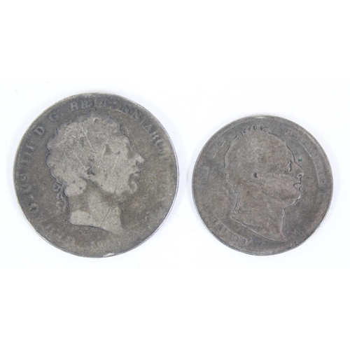 1227 - A George III silver crown coin, date rubbed and a William IV silver half crown 1836 (2)