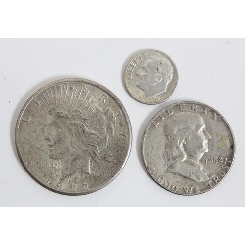 1231 - USA silver Peace dollar coin 1922, 1952 silver half dollar & 1964 silver dime