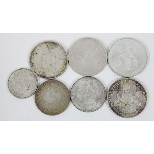 1243 - 7 assorted German silver coins, all XRF high purity, approx 88.64g gross