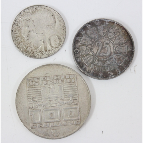 1263 - 3 Austrian silver coins, 1976 Innsbruck 100 shillings, 1956 25 shillings and 1958 10 shilling, appro... 