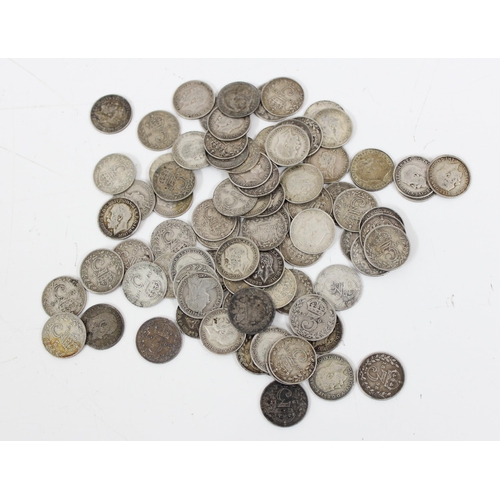 1268 - Qty of British 3d coins, all full silver pre 1920 to inc Queen Victoria, approx 85 in total, approx ... 