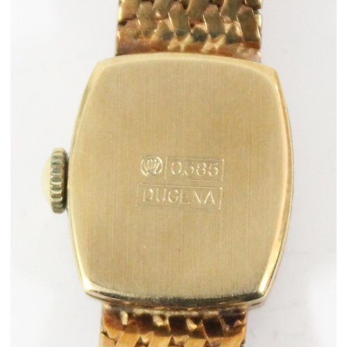 1345 - A 14ct gold cased ladies watch by Dugena, both strap and case marked 585 and XRF confirmed as 14ct g... 