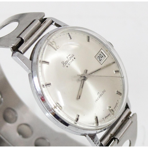 1350 - A vintage Bentima Star 17 jewels watch in steel case with retro steel strap