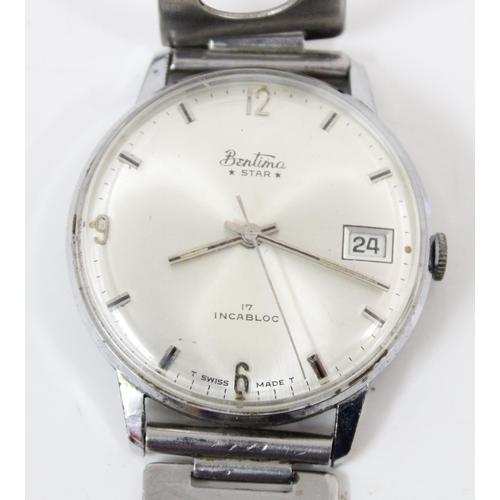 1350 - A vintage Bentima Star 17 jewels watch in steel case with retro steel strap