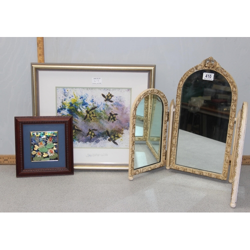 410 - Vintage white triptych mirror, a glass mosaic picture of lily pads and another mixed media piece of ... 