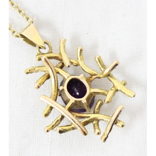 1122A - A retro bark effect 9ct gold and amethyst set pendant on chain by Cropp & Farr of London, chain mark... 