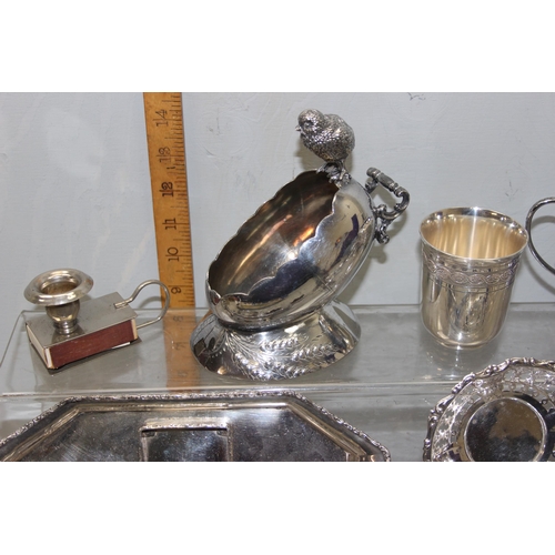 1098 - Qty of good quality small silver plated items to inc 4 bird pepper pots, Christofle beaker, ink stan... 