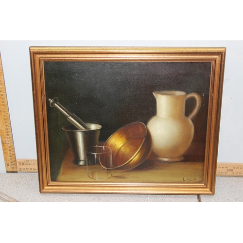 535 - Loza (XX-XXI), Dutch School still life oil on canvas depicting a pestle & mortar, copper bowl, jug a... 