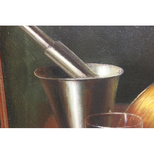 535 - Loza (XX-XXI), Dutch School still life oil on canvas depicting a pestle & mortar, copper bowl, jug a... 