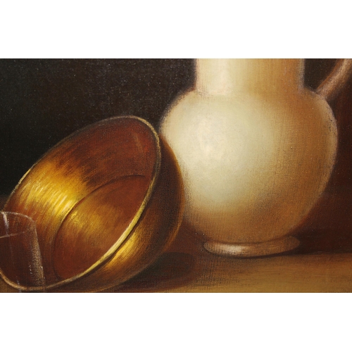 535 - Loza (XX-XXI), Dutch School still life oil on canvas depicting a pestle & mortar, copper bowl, jug a... 