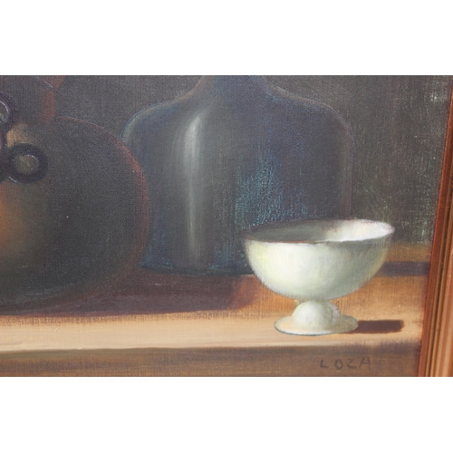 536 - Loza (XX-XXI), Dutch School still life oil on canvas depicting a copper jug with lid, a bowl, and a ... 