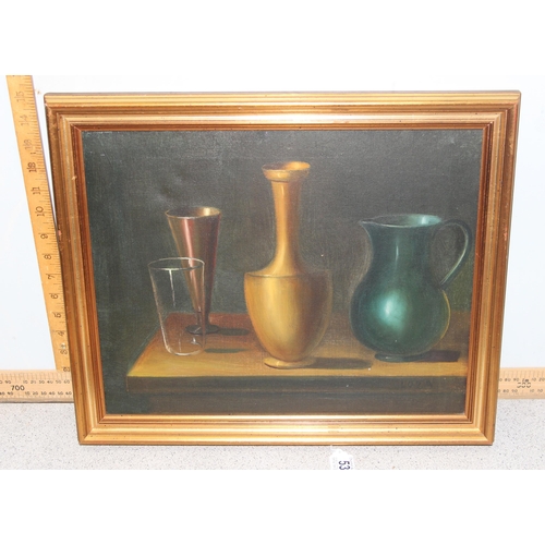 537 - Loza (XX-XXI), Dutch School still life oil on canvas depicting a vase, a jug and 2 glasses, in gilt ... 