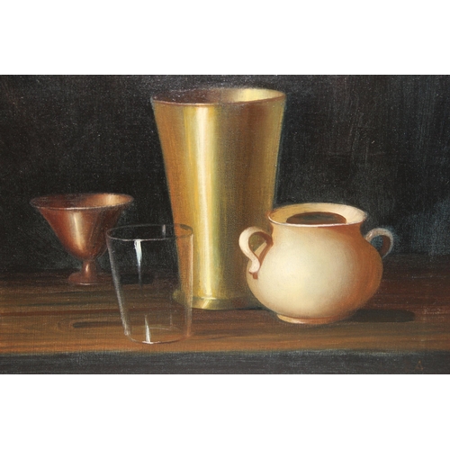 538 - Loza (XX-XXI), Dutch School still life oil on canvas depicting a vase, a 2 handled urn, a glass and ... 