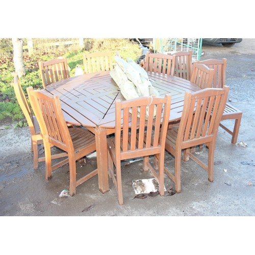 345 - A large hardwood garden table and 10 chairs, retailed by Harrods, table with 4 extensions to be squa... 