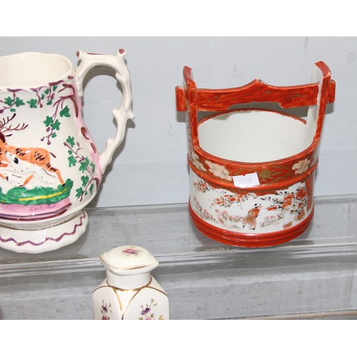 1824 - Mixed lot of ceramics to include Fenton ironstone jugs and an antique blue and white meat charger