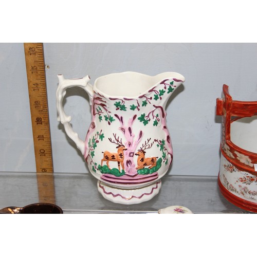 1824 - Mixed lot of ceramics to include Fenton ironstone jugs and an antique blue and white meat charger