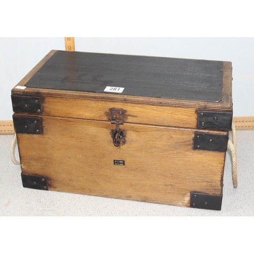 281 - Vintage iron bound hinged oak box with rope handles