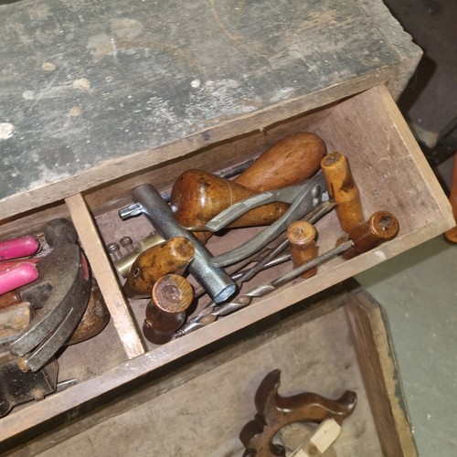 874 - Vintage green painted carpenters case with 4 internal draw, contents to include R Groves & Sons wood... 