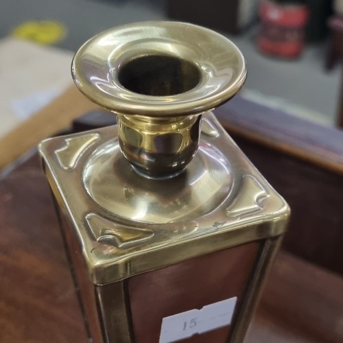 1702 - 2 pairs of brass candlesticks one with copper inlay possibly from Art Deco period