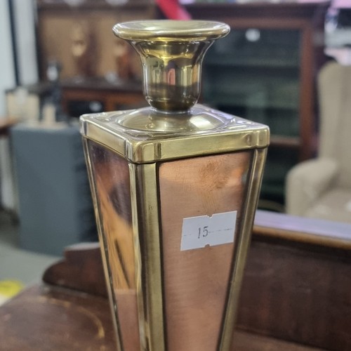 1702 - 2 pairs of brass candlesticks one with copper inlay possibly from Art Deco period