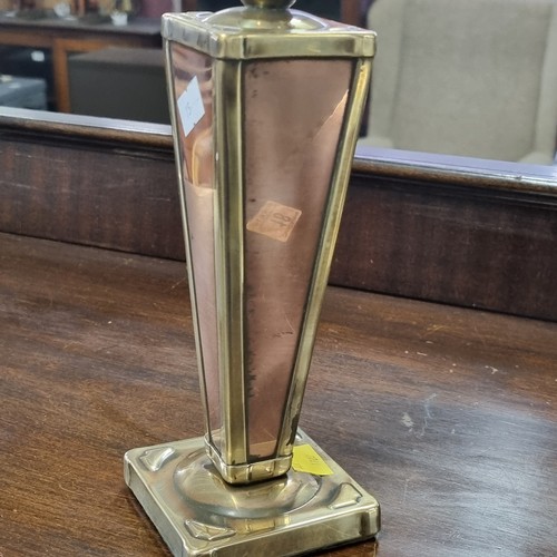 1702 - 2 pairs of brass candlesticks one with copper inlay possibly from Art Deco period