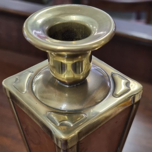 1702 - 2 pairs of brass candlesticks one with copper inlay possibly from Art Deco period