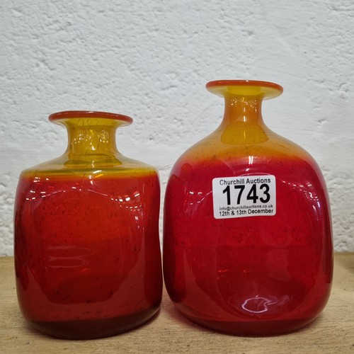 1743 - A matched near pair of retro handmade vibrant yellow ombre and tangerine coloured studio glass dimpl... 