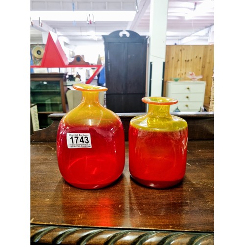 1743 - A matched near pair of retro handmade vibrant yellow ombre and tangerine coloured studio glass dimpl... 